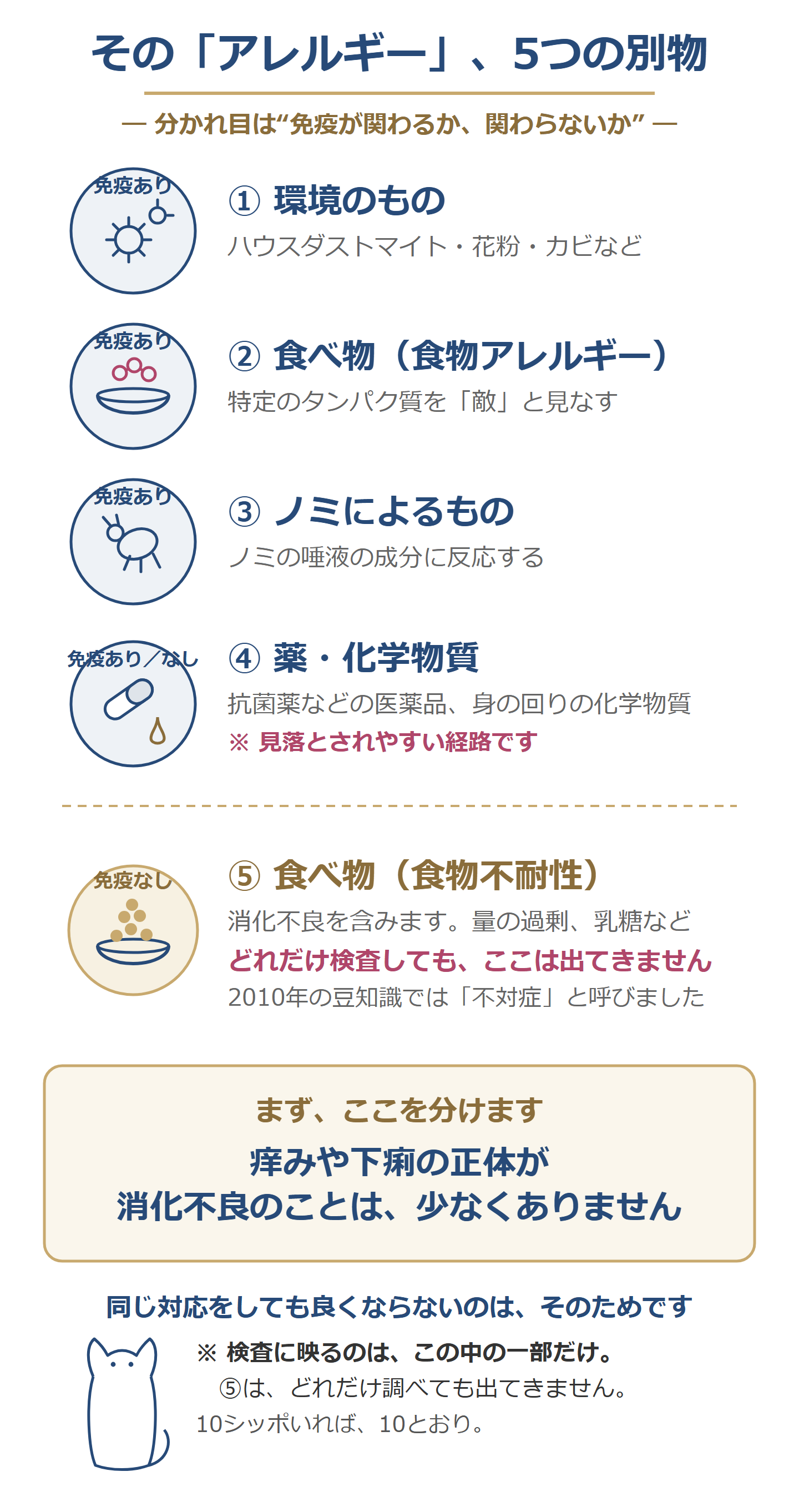 「アレルギー」と呼ばれるものの分け方。環境・食物アレルギー・ノミ・薬や化学物質には免疫が関わり、食物不耐性（いわゆる消化不良）は免疫が関わらない。検査に映るのは一部だけ。