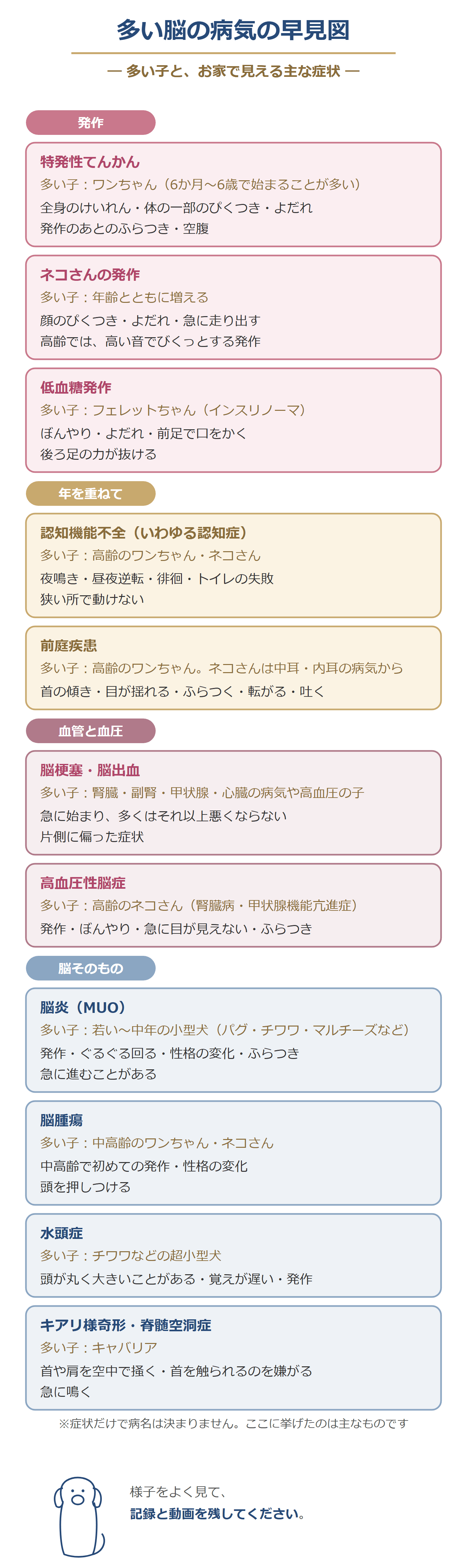 多い脳の病気の早見図。特発性てんかん・ネコさんの発作・低血糖発作・認知機能不全・前庭疾患・脳梗塞と脳出血・高血圧性脳症・脳炎・脳腫瘍・水頭症・キアリ様奇形の、多い子とお家で見える主な症状