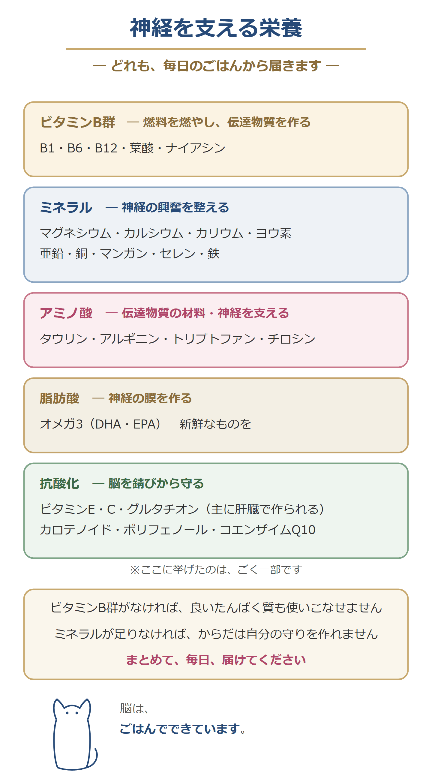 神経を支える栄養。ビタミンB群、ミネラル、アミノ酸、脂肪酸、抗酸化の栄養。どれも毎日のごはんから届く