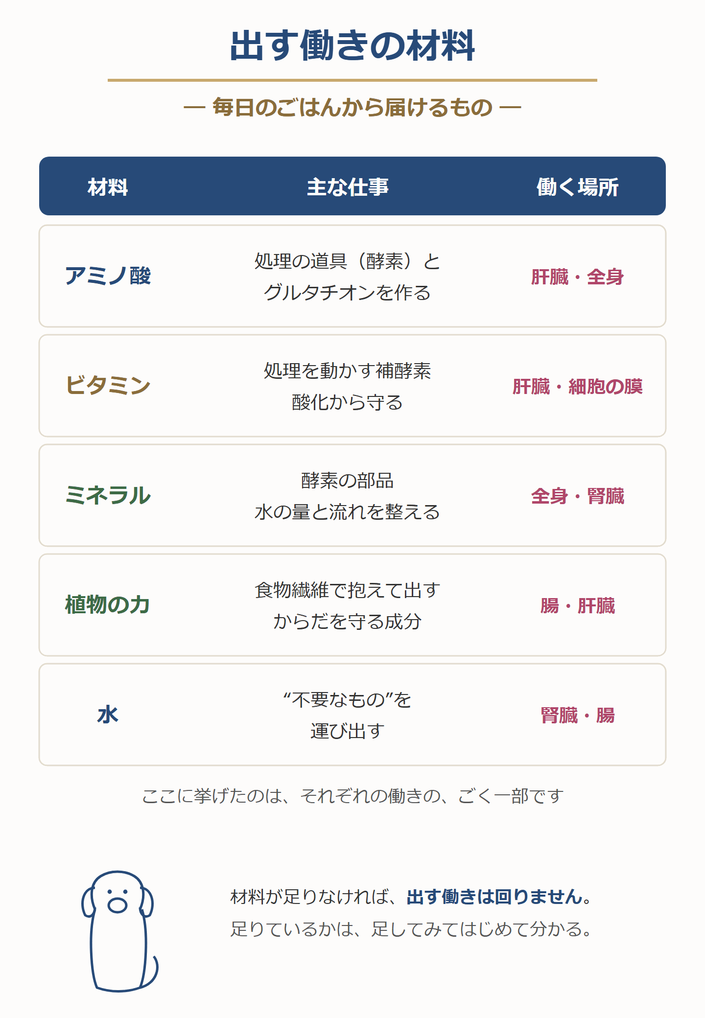 出すための材料。アミノ酸は処理の酵素とグルタチオンを作る、ビタミンは処理を動かす補酵素と酸化から守る、ミネラルは酵素の部品と水の量と流れ、植物の力は食物繊維とからだを守る成分、水は不要なものを運び出す