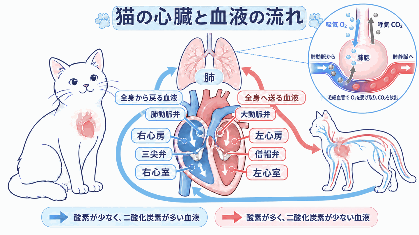 猫の心臓と血液の流れ。4つの部屋と4枚の弁、肺から帰った血液が入る左心房