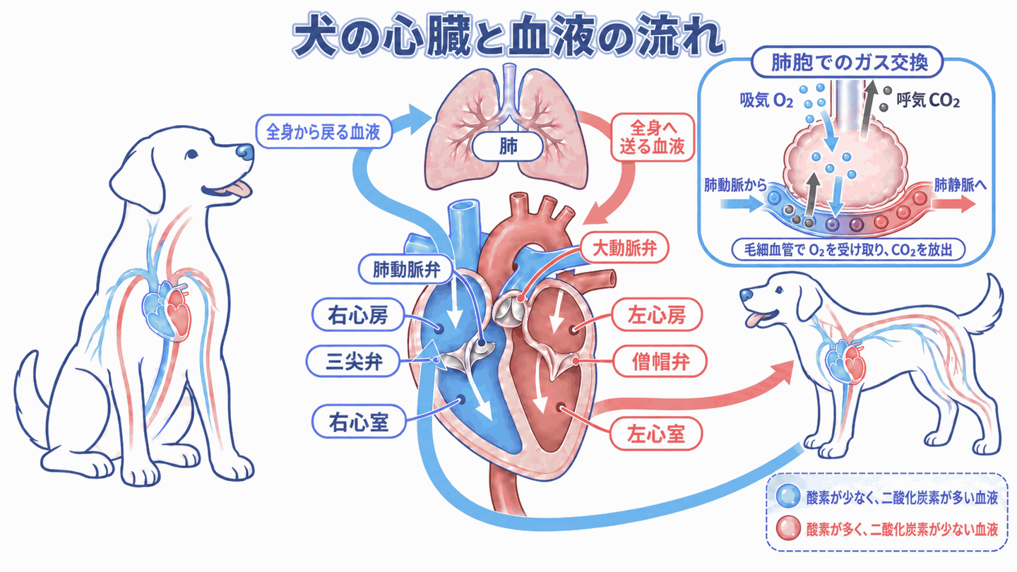 犬の心臓と血液の流れ。4つの部屋と4枚の弁、肺でのガス交換