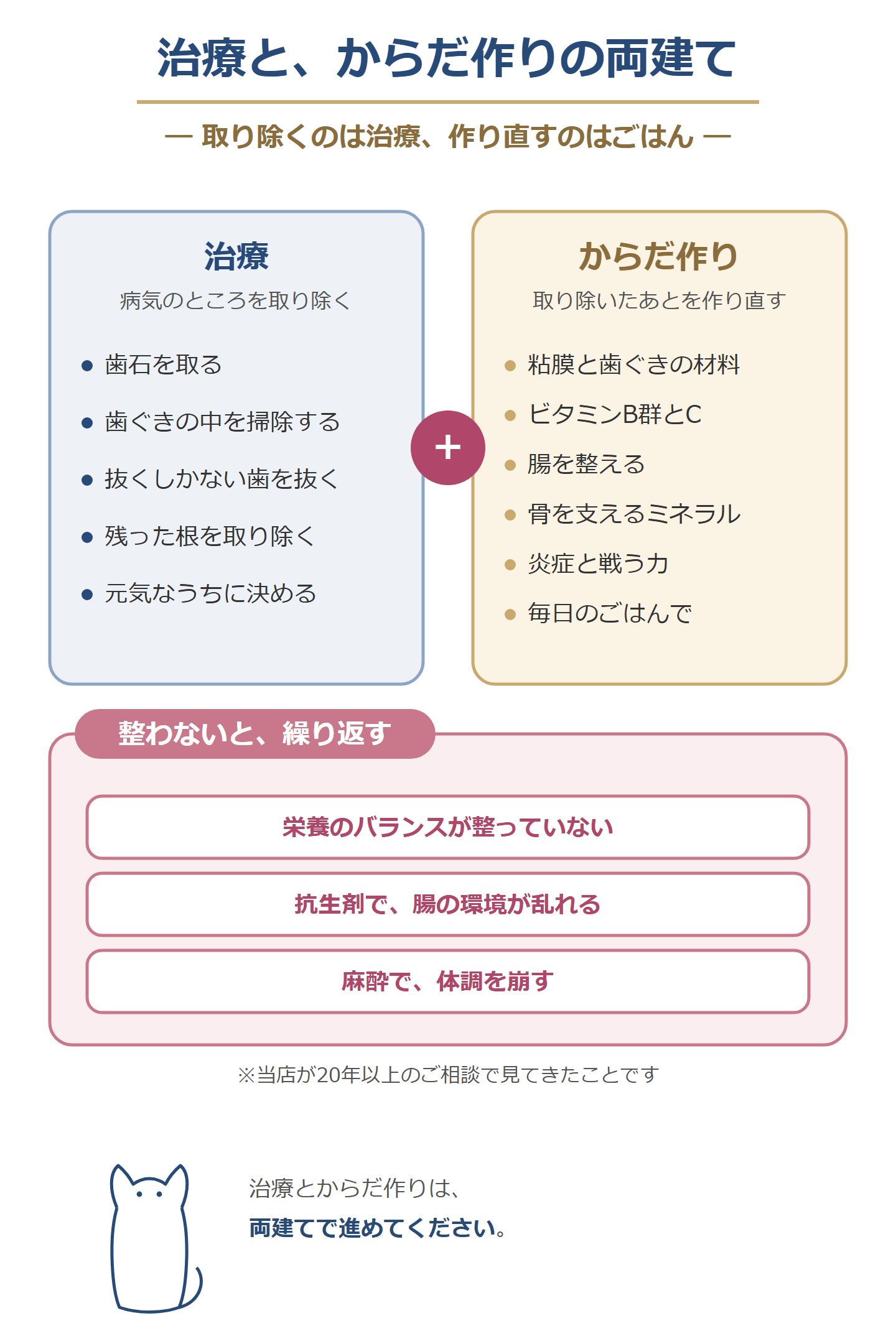 治療とからだ作りの両建て。治療は歯石を取る・歯ぐきの中を掃除する・抜くしかない歯を抜く・残った根を取り除く。からだ作りは粘膜と歯ぐきの材料・ビタミンB群とC・腸を整える・骨を支えるミネラル・炎症と戦う力を毎日のごはんで。栄養のバランス・抗生剤による腸の乱れ・麻酔で体調を崩すことが整わないと、繰り返す
