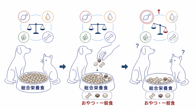 総合栄養食に補助食・一般食を足すと栄養の釣り合いが崩れる3段階の図