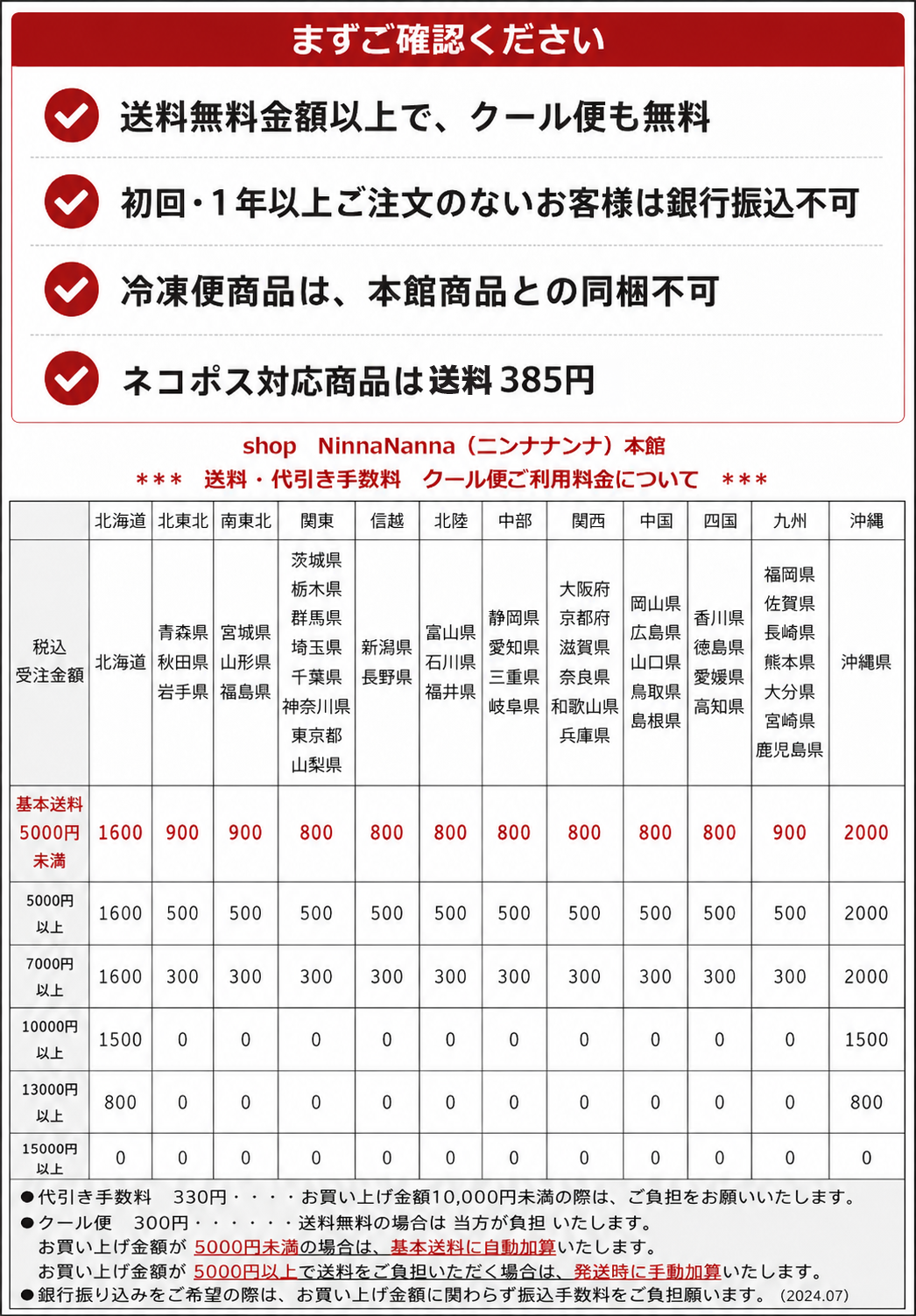 送料・代引き手数料・クール便ご利用料金について